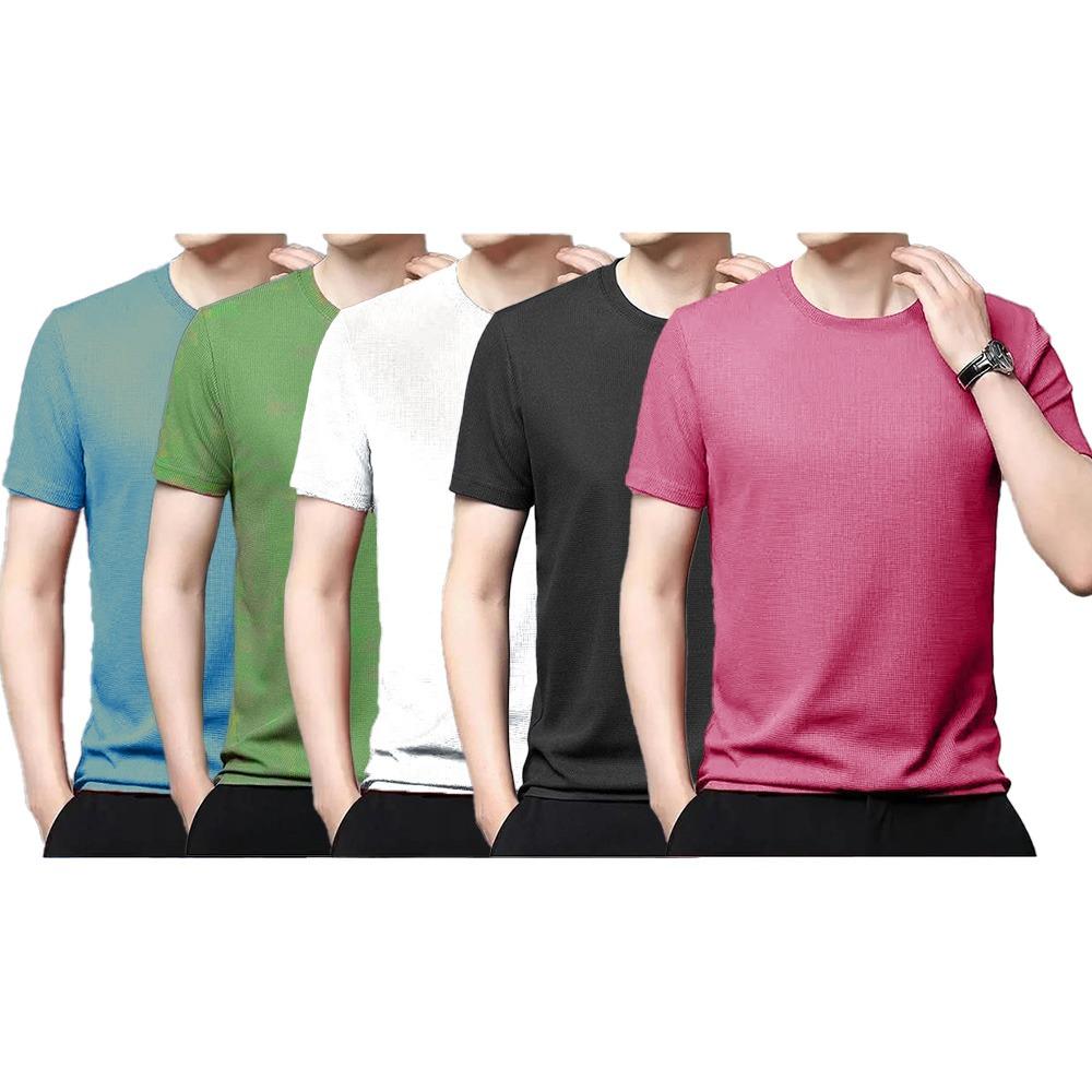 Polyester Stretchable Solid Half Sleeves Mens Round Neck T-Shirt Pack Of 5